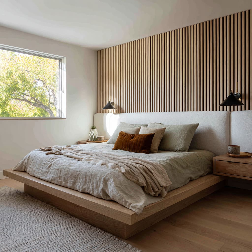 Bedroom with wall slat panel
